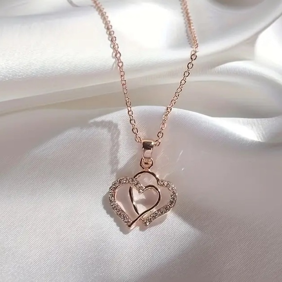 Jewelry - NEW Rose Gold Diamond Double Heart Pendant Necklace Elegant Valentine Lovers